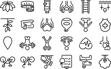 Fototapeta premium Collection of health and wellness line art icons representing various activities and concepts