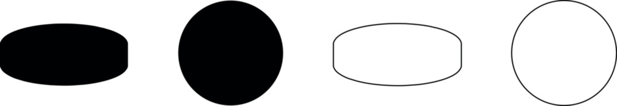 Set of four simple geometric shapes including solid and outline circles and ellipses
