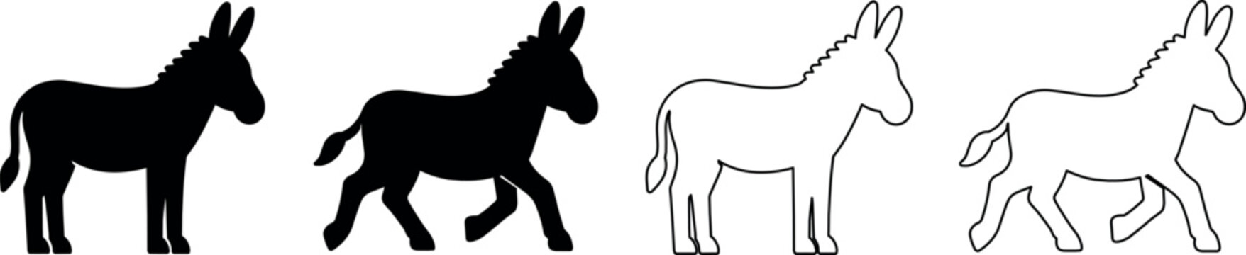 Set of donkey silhouettes in black and white, standing and walking