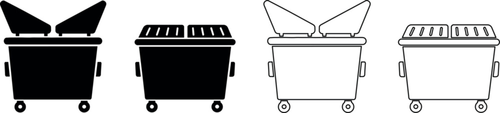 Set of dumpster icons in solid black and outline styles