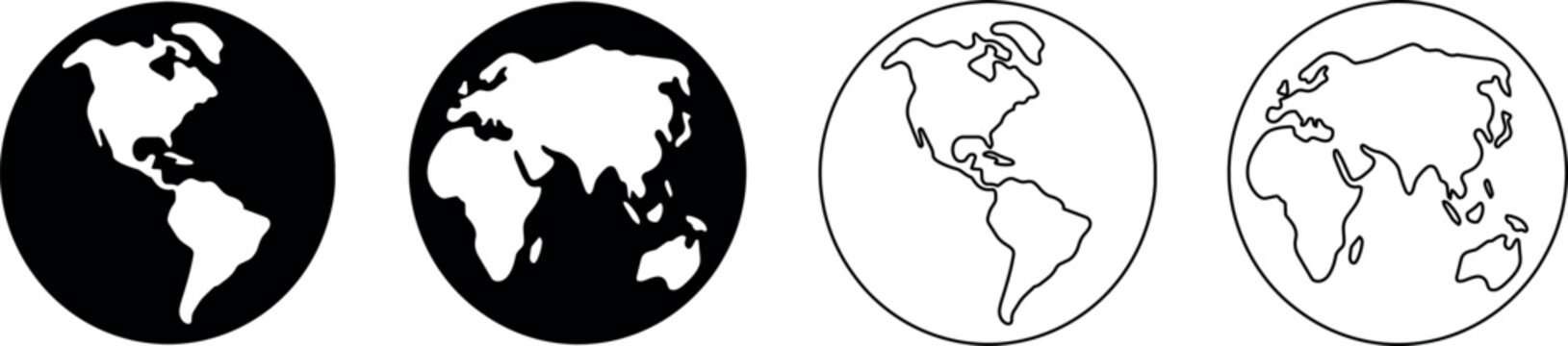 Collection of stylized Earth globes in black and white, representing continents