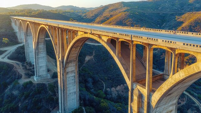 Bridge arch geometry historic concrete viaduct aerial perspective golden hour lighting curved structural spans mountain valley natural backdrop
