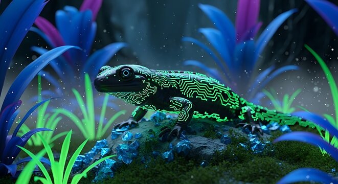 Cybernetic lizard with glowing green circuit patterns in nature