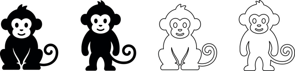 Cute cartoon monkey icons in silhouette and outline styles © Santiago