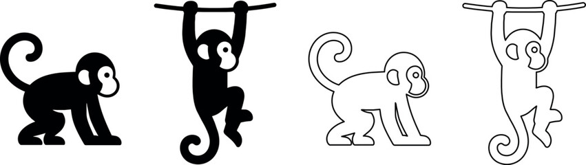Set of stylized monkey icons in silhouette and outline styles © Santiago