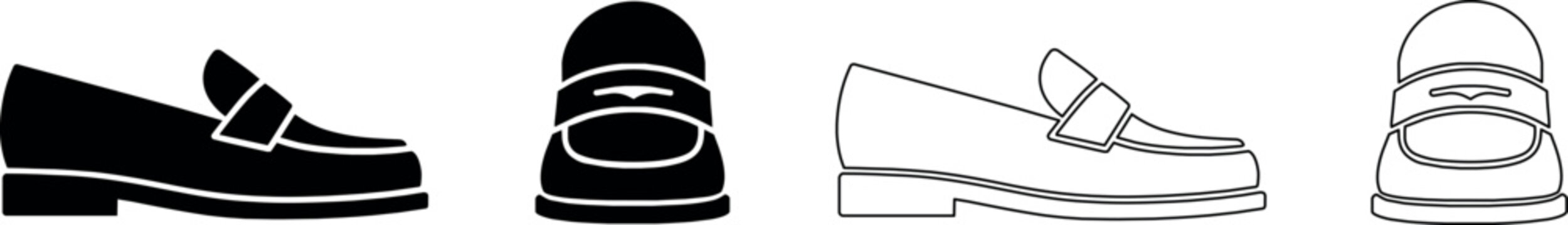 Classic loafer shoe icons in silhouette and outline styles
