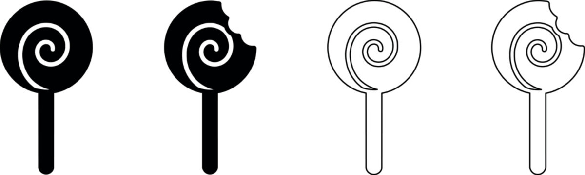 Set of four lollipop icons, two solid and two outline, one with a bite mark