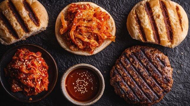 Premium kimchi burger components overhead flat lay with grilled beef patty fermented vegetables gochujang sauce and artisan buns on dark stone background