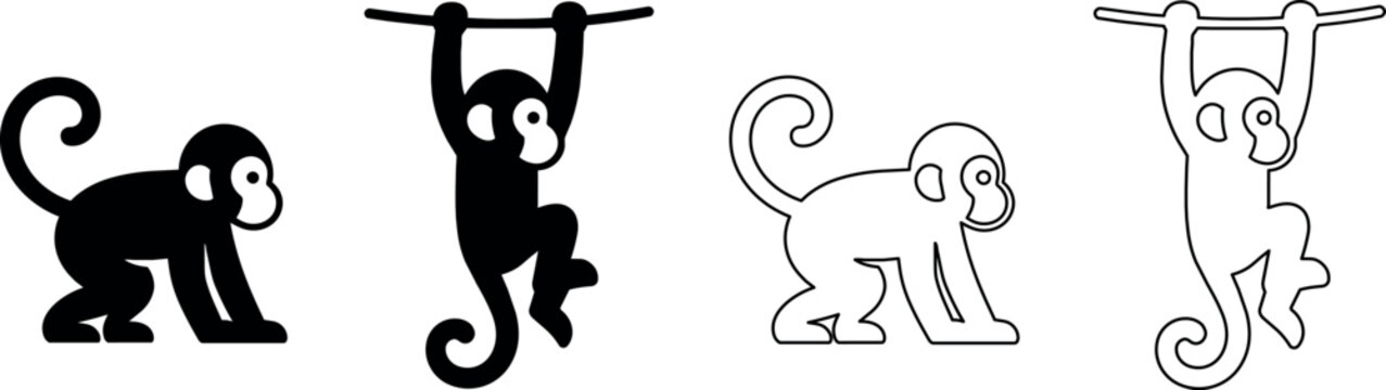 Set of stylized monkey icons in silhouette and outline styles