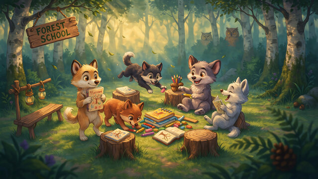 Cute Cartoon Animal Cubs Studying in a Magical Forest School Illustration
