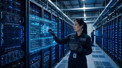 Fototapeta premium Female IT Engineer Managing AI Powered Data Systems