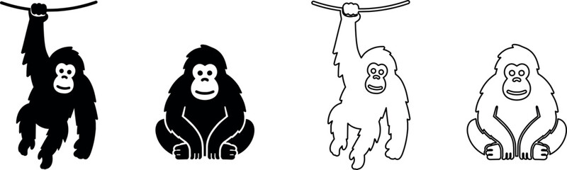 Cute cartoon orangutan icons in silhouette and outline styles © Santiago