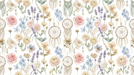 Naklejka premium Boho watercolor seamless repeating pattern with macrame dreamcatchers, lavender sprigs, roses, and ranunculus flowers on a white background. Generative AI