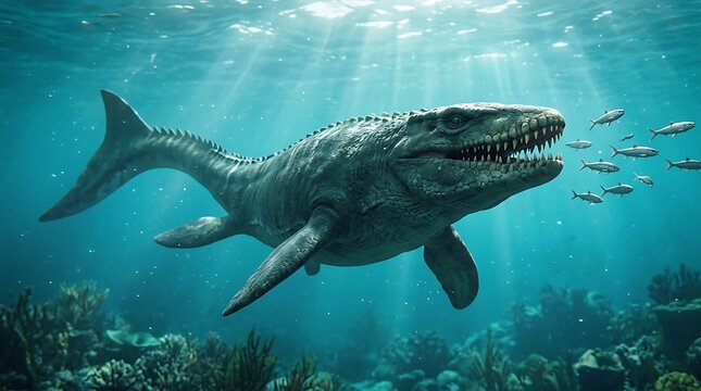 portrait of a mosasaur in water zoom