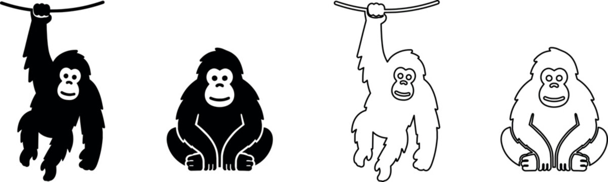 Cute cartoon orangutan icons in silhouette and outline styles