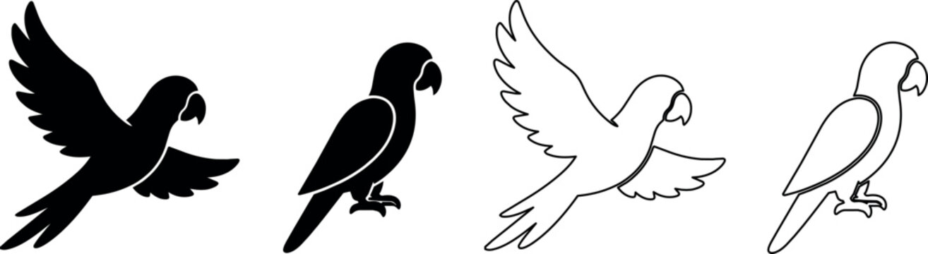 Set of parrot icons, flying and perched, in silhouette and outline styles