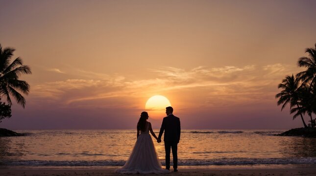 Breathtaking cinematic silhouette portrait of newlywed bride and groom holding hands on a tropical beach at sunset, Generative AI