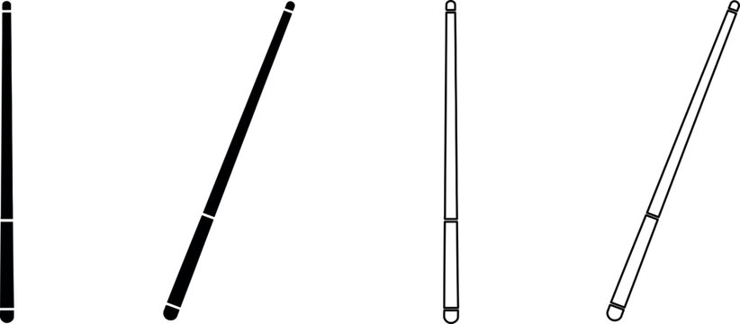 Set of four stylized billiard cues in black and white line art and solid fill