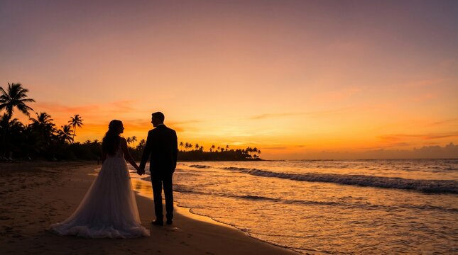Breathtaking cinematic silhouette portrait of newlywed bride and groom holding hands on a tropical beach at golden hour sunset, Generative AI