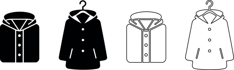 Set of four jacket icons, two solid black and two outline styles © Santiago