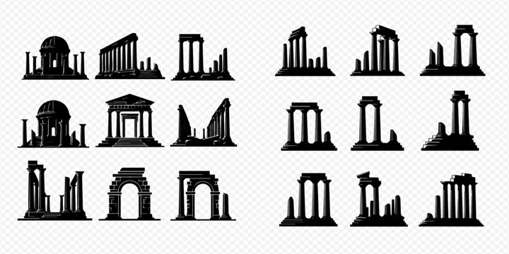 Ancient Roman and Greek architecture ruins silhouettes, historical monuments vector set.
