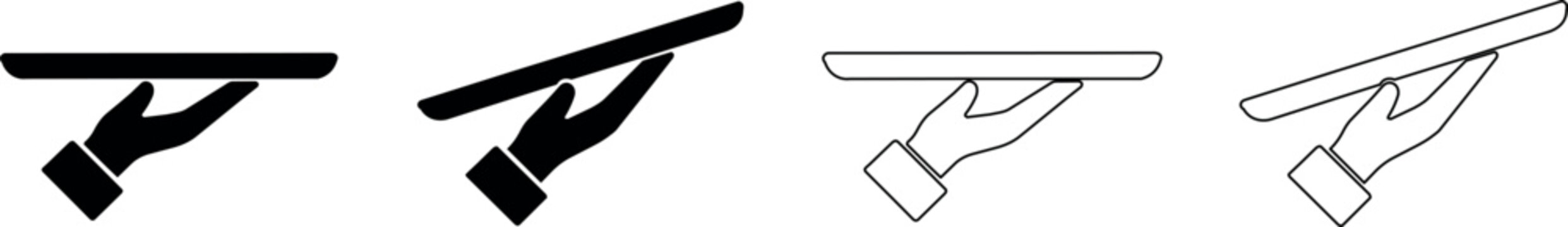 Set of four icons depicting a hand holding a serving tray in different styles