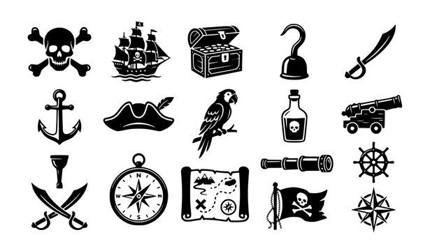 Pirate silhouette icon set with skull treasure ship and adventure symbols vector collection