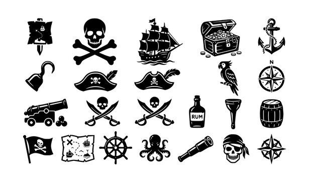 Black pirate adventure icons with treasure chest sailing ship and nautical symbols vector set