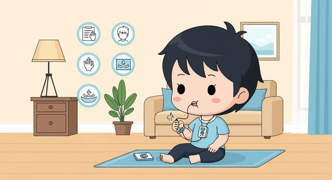 Vector illustration of a cute chibi boy sitting on a mat using a portable medical respiratory tracking device and wearable health monitor in a living room with data icons.
