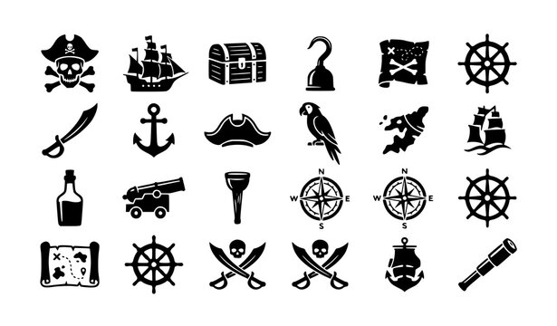 Classic pirate symbol silhouette icons with ship skull cannon and treasure elements vector collection