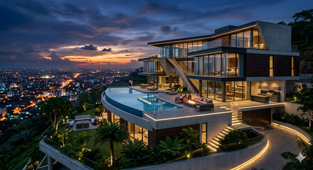 Fototapeta premium Luxury Modern Curved Glass Villa with Infinity Pool at Coastal Sunset