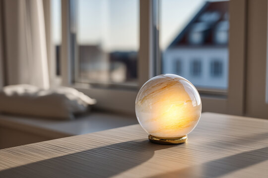 Glowing object on a clean desk reflects light in a bright room during daylight hours Generative AI