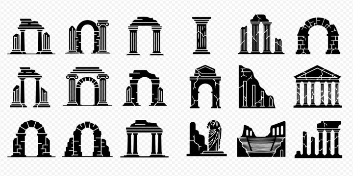 Ancient Roman and Greek architecture ruins vector silhouettes set, including arches, columns, and temples, depicting historical structures and archaeological sites.