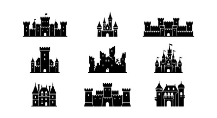 Castle Icons Set, Medieval Fortress Silhouettes, Fantasy Kingdom Buildings © Shihab