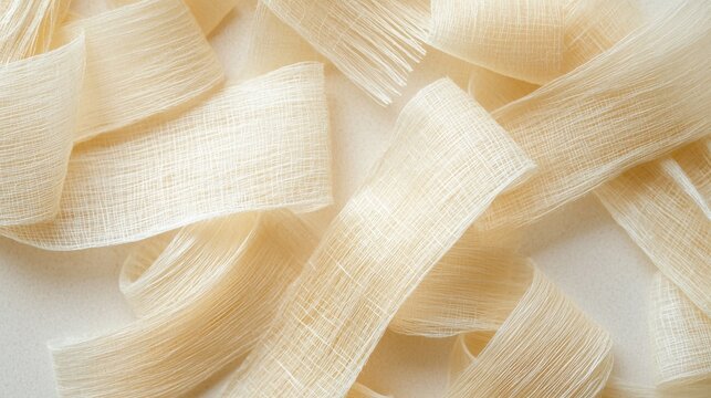 Natural abaca fiber ribbons with elegant organic texture flowing across clean surface creating sustainable web design background material for eco-conscious brands