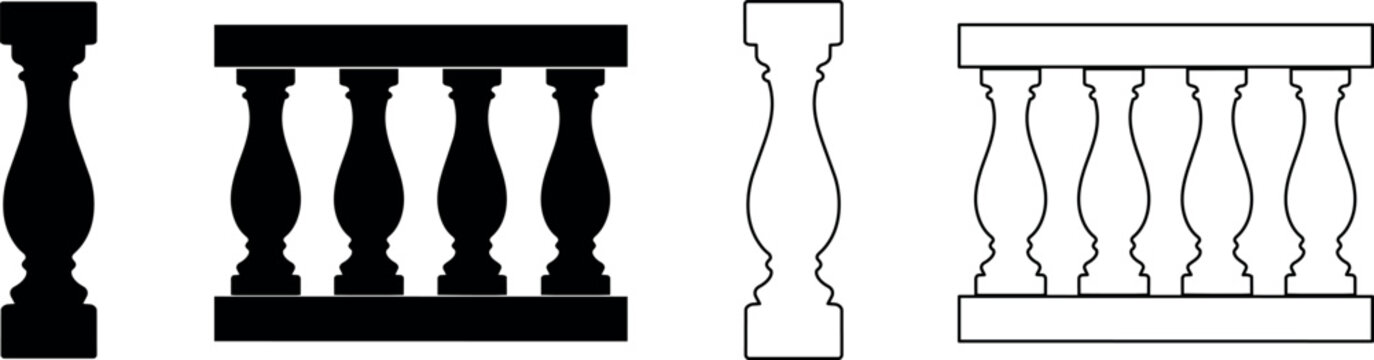 Classic balustrade designs in silhouette and outline for architectural elements