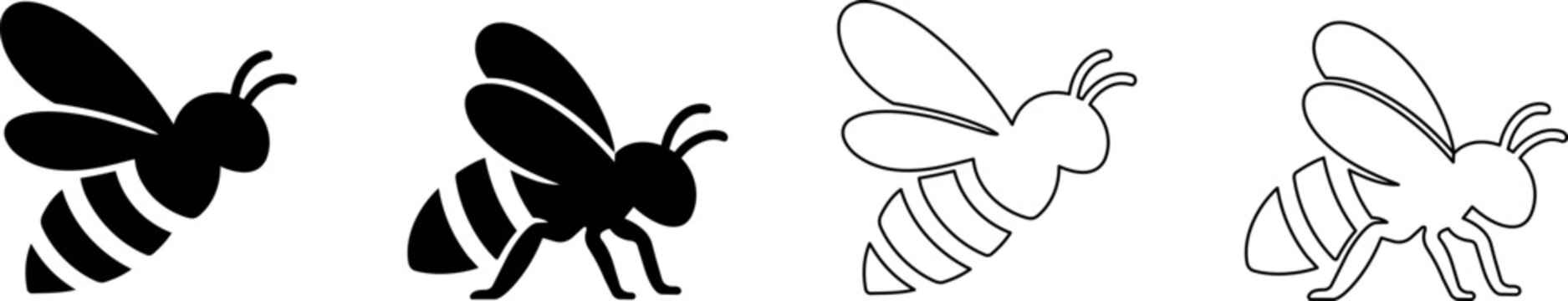 Set of stylized bee icons, solid and outline versions for design