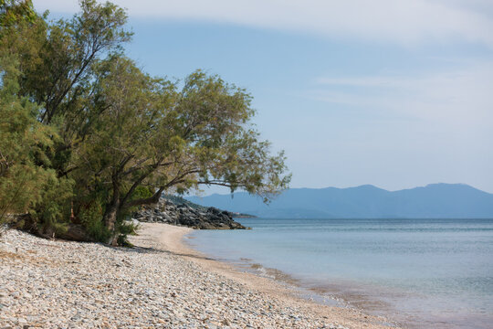 Amazing scenery by the sea in Razi beach, close to Afissos, West Pelion, central Greece