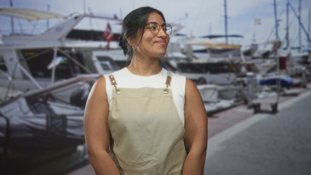 Woman wearing an apron smiles and looks sideways on a marina street with boats and dock nearby; contentment leisure.