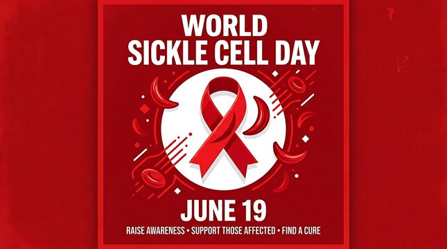 World sickle cell day june 19 awareness poster with red blood cells and ribbon