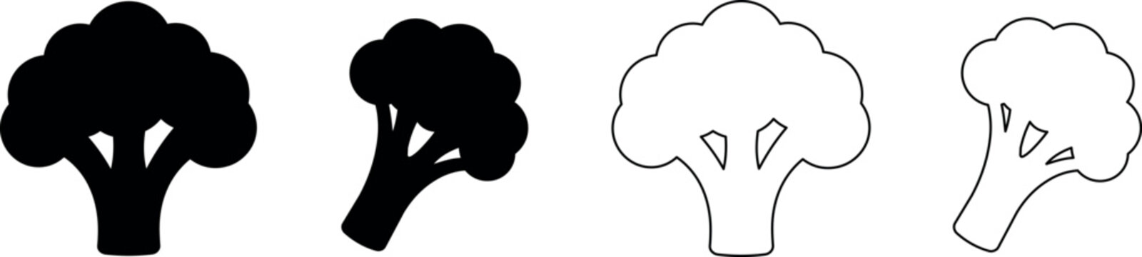 Set of four broccoli icons in silhouette and outline styles