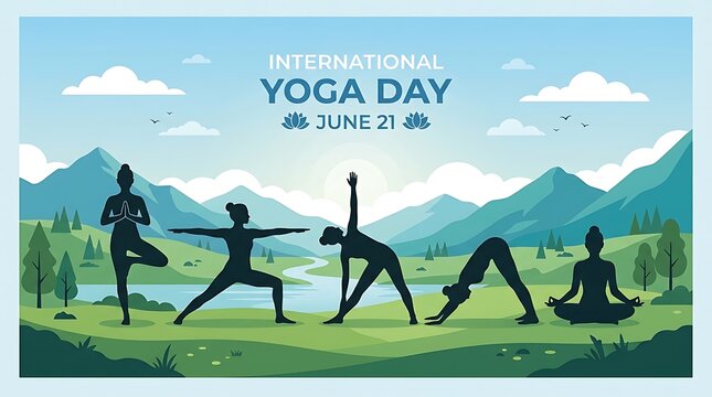 International yoga day june 21 poster with people practicing poses in nature
