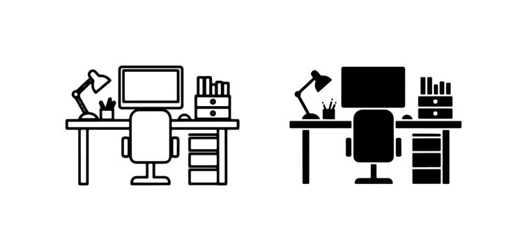 Modern Office Desk Setup, Computer Workstation Icons, Minimalist Workspace Design