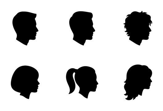 Diverse Silhouette Profiles: Male, Female, Child Heads Set. Human Icons.