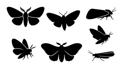 Black Moth Silhouettes, Insect Vector Icons, Nocturnal Flying Creatures © Shahinur