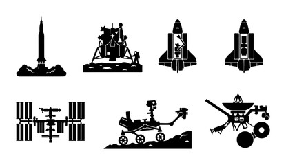 Space Exploration Icons: Rockets, Shuttles, Rovers, Station, Lander © Shahinur