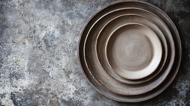 Earthenware surface natural ceramic bowls nested arrangement raw clay texture overhead view minimal composition rustic handcrafted pottery collection neutral tones