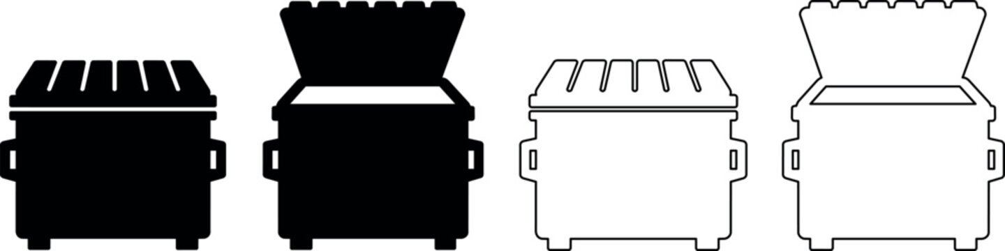 Set of dumpster icons, solid black and outline styles