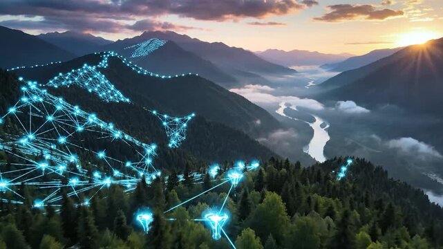 Digital network data visualization glowing over mountain forest landscape and river valley at sunset