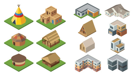Isometric building collection varied architectural styles and dwelling types © MD REZAUL KARIM